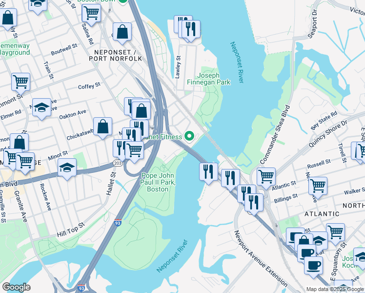map of restaurants, bars, coffee shops, grocery stores, and more near 7 Hancock Street in Boston