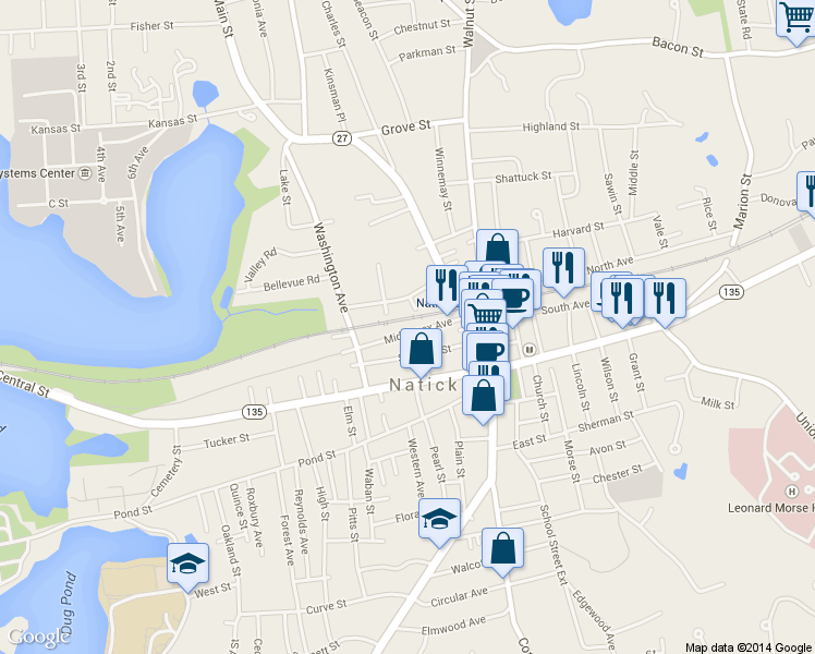 map of restaurants, bars, coffee shops, grocery stores, and more near 55 Middlesex Avenue in Natick