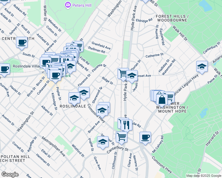 map of restaurants, bars, coffee shops, grocery stores, and more near 7 Gardenside Street in Boston
