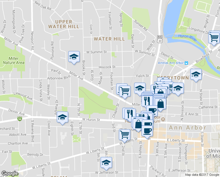map of restaurants, bars, coffee shops, grocery stores, and more near 411 Fountain Street in Ann Arbor