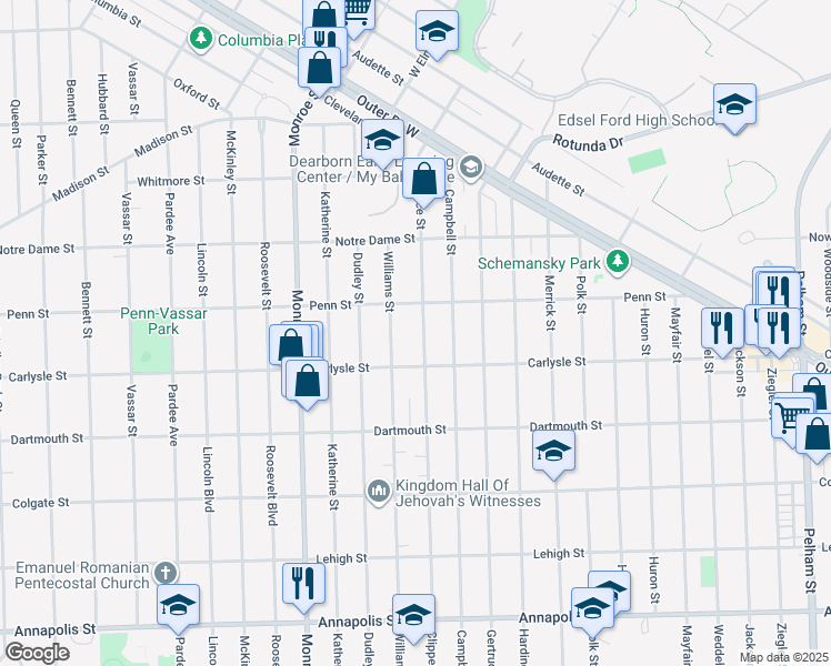 map of restaurants, bars, coffee shops, grocery stores, and more near 3550 Alice Street in Dearborn