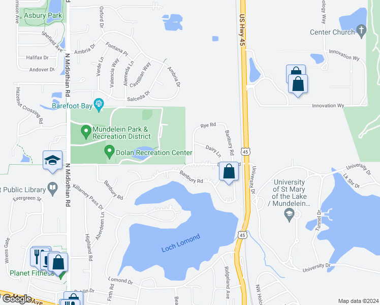 map of restaurants, bars, coffee shops, grocery stores, and more near 1320 Dunleer Drive in Mundelein