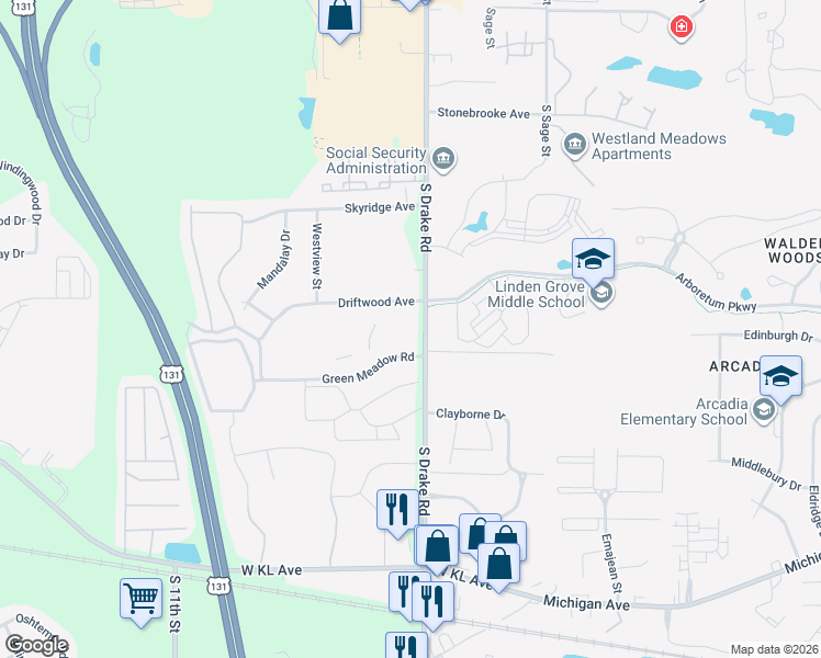 map of restaurants, bars, coffee shops, grocery stores, and more near 5032 Green Meadow Road in Kalamazoo