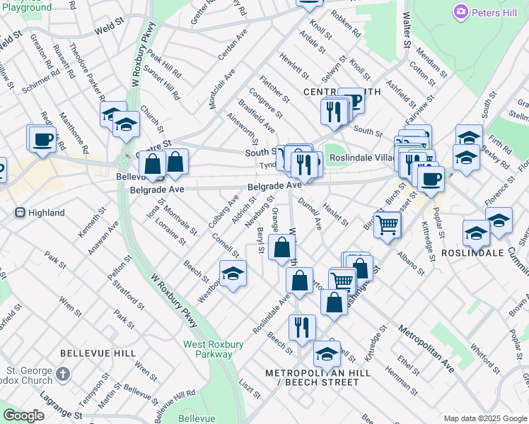 map of restaurants, bars, coffee shops, grocery stores, and more near 40 Newburg Street in Boston