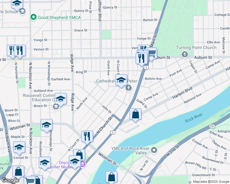 map of restaurants, bars, coffee shops, grocery stores, and more near 1216 North Court Street in Rockford