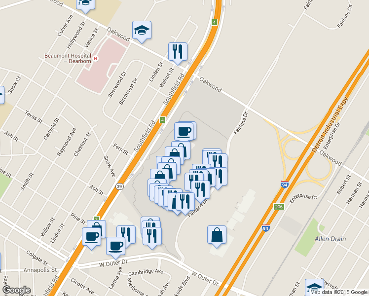 map of restaurants, bars, coffee shops, grocery stores, and more near 3100 Fairlane Drive in Allen Park