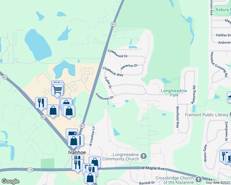 map of restaurants, bars, coffee shops, grocery stores, and more near 2400 Fieldcrest Dr in Mundelein