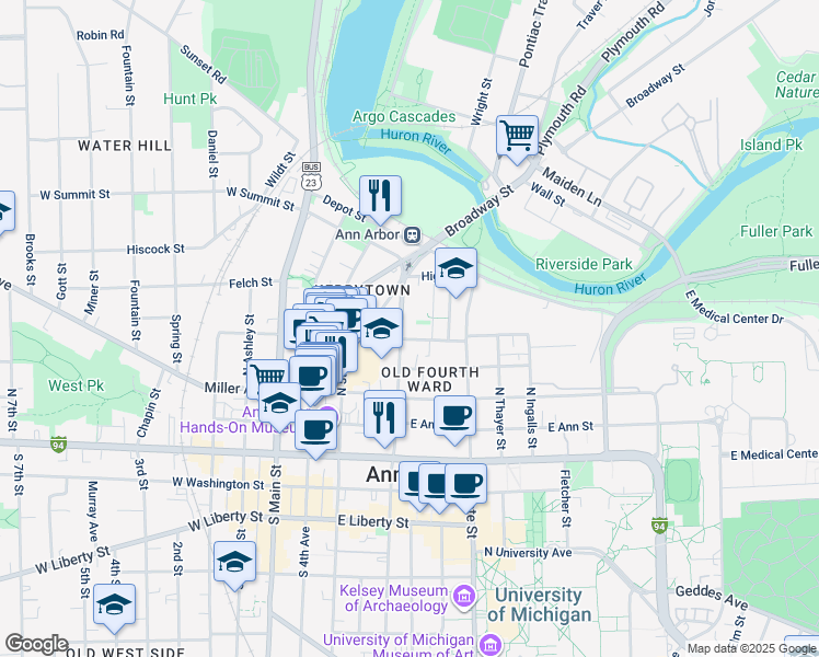 map of restaurants, bars, coffee shops, grocery stores, and more near 407 East Kingsley Street in Ann Arbor