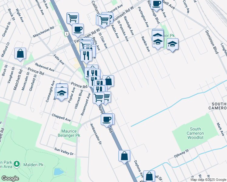 map of restaurants, bars, coffee shops, grocery stores, and more near 1762 Northway Avenue in Windsor
