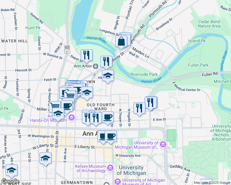 map of restaurants, bars, coffee shops, grocery stores, and more near 713 East Kingsley Street in Ann Arbor