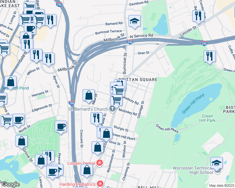 map of restaurants, bars, coffee shops, grocery stores, and more near 274 Lincoln Street in Worcester