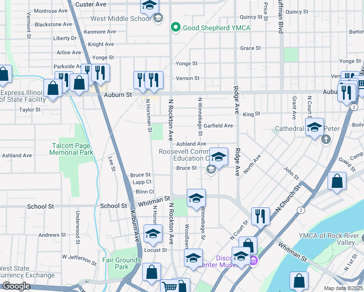 map of restaurants, bars, coffee shops, grocery stores, and more near 1044 Woodlawn Avenue in Rockford