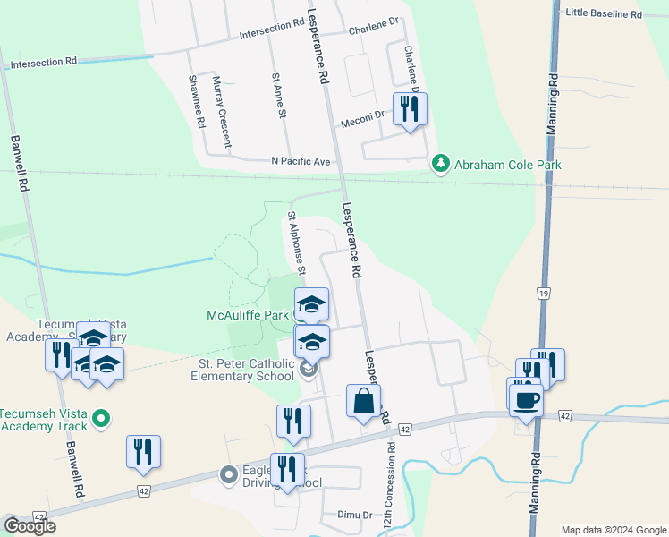 map of restaurants, bars, coffee shops, grocery stores, and more near 2318 Docherty Drive in Windsor