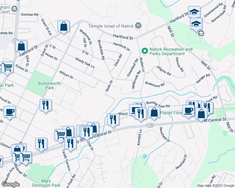 map of restaurants, bars, coffee shops, grocery stores, and more near 16 Oxbow Road in Natick