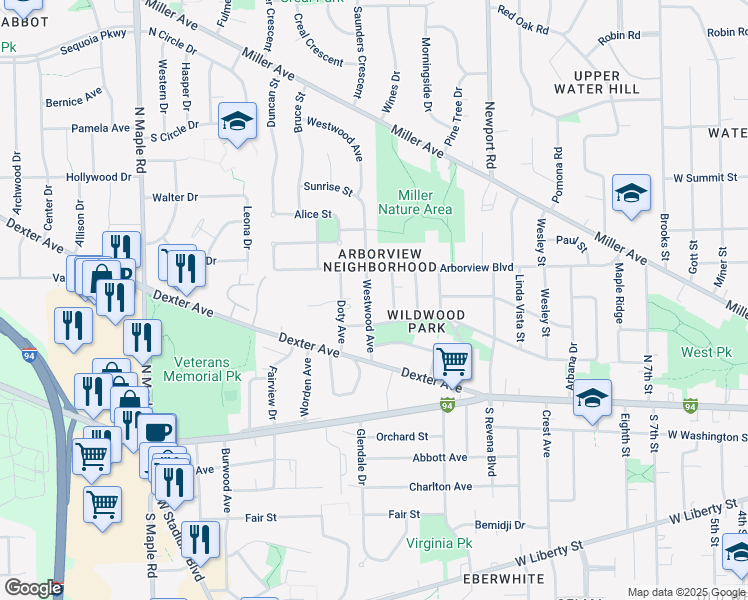 map of restaurants, bars, coffee shops, grocery stores, and more near 310 Westwood Avenue in Ann Arbor