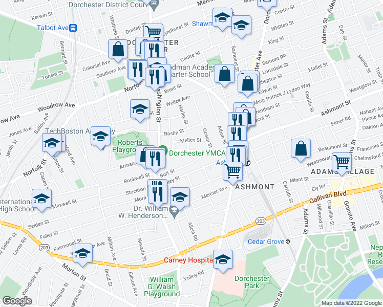 map of restaurants, bars, coffee shops, grocery stores, and more near 37 Ashmont Street in Boston