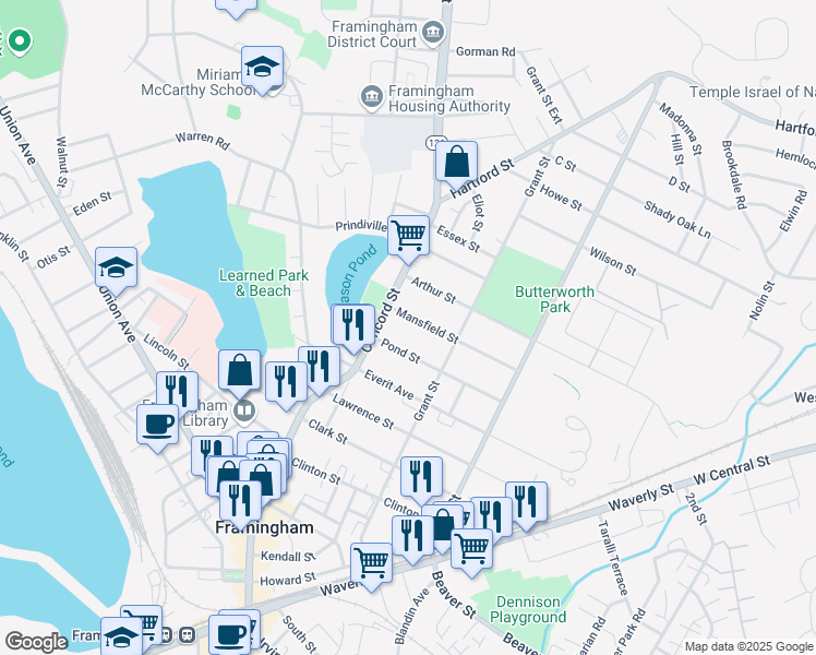 map of restaurants, bars, coffee shops, grocery stores, and more near 23 Mansfield St in Framingham
