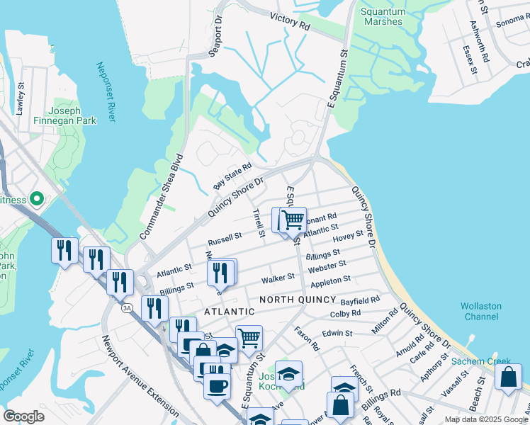 map of restaurants, bars, coffee shops, grocery stores, and more near 12 Windsor Road in Quincy