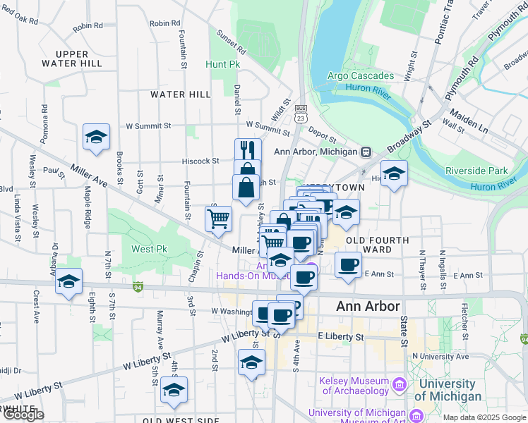 map of restaurants, bars, coffee shops, grocery stores, and more near 122 West Kingsley Street in Ann Arbor