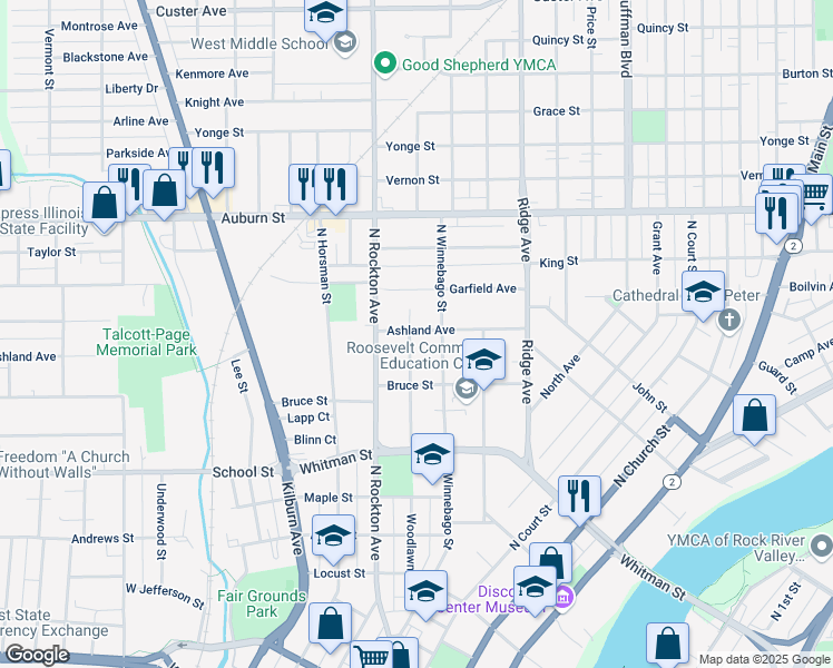 map of restaurants, bars, coffee shops, grocery stores, and more near 1043 Woodlawn Avenue in Rockford