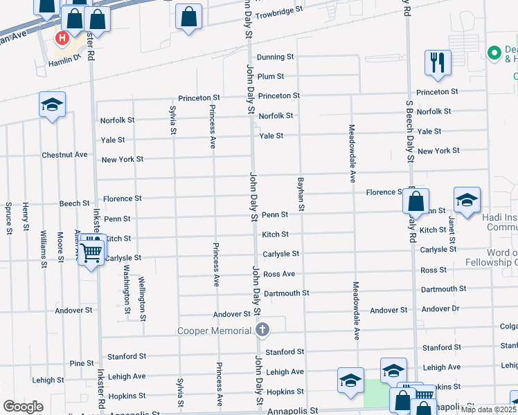 map of restaurants, bars, coffee shops, grocery stores, and more near 3447 John Daly Street in Inkster