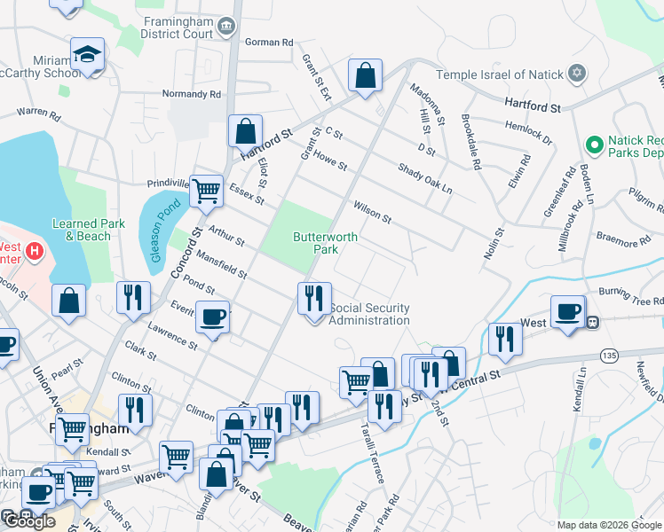 map of restaurants, bars, coffee shops, grocery stores, and more near 27 Bishop Drive in Framingham