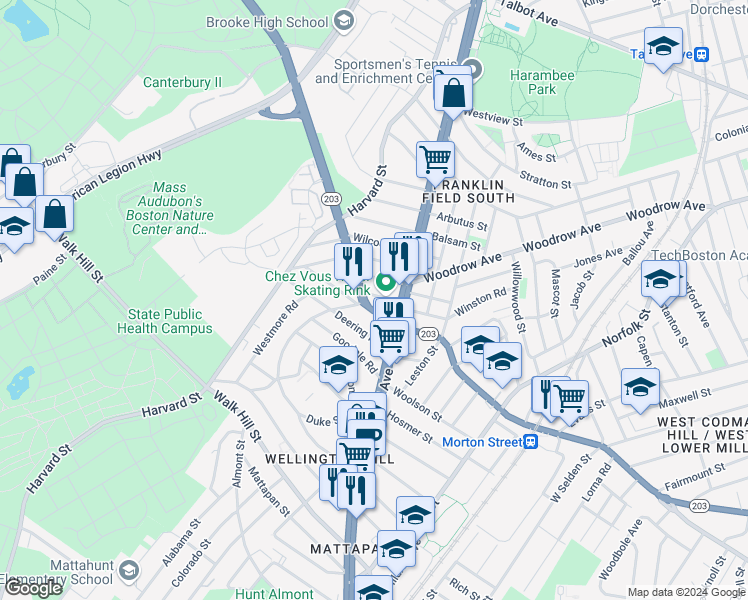 map of restaurants, bars, coffee shops, grocery stores, and more near 676 Morton Street in Boston