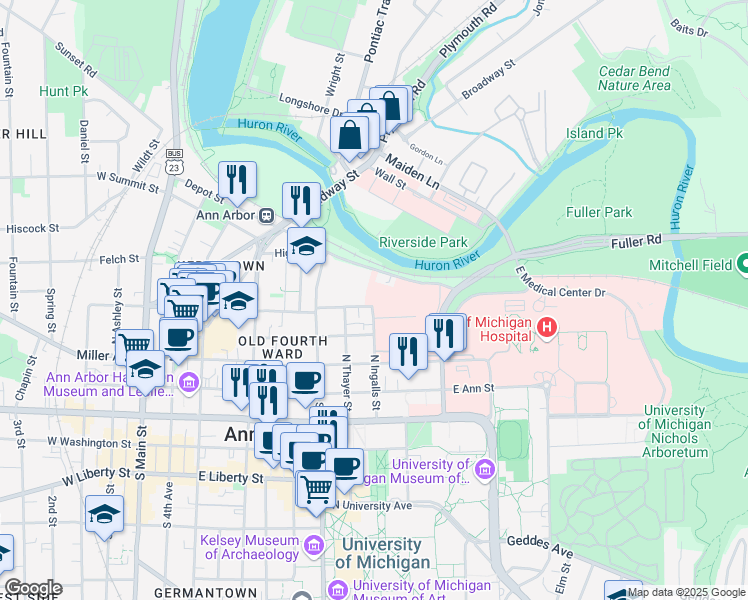 map of restaurants, bars, coffee shops, grocery stores, and more near 426 North Ingalls Street in Ann Arbor