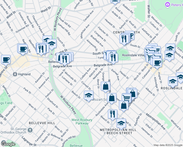 map of restaurants, bars, coffee shops, grocery stores, and more near 37 Aldrich Street in Boston