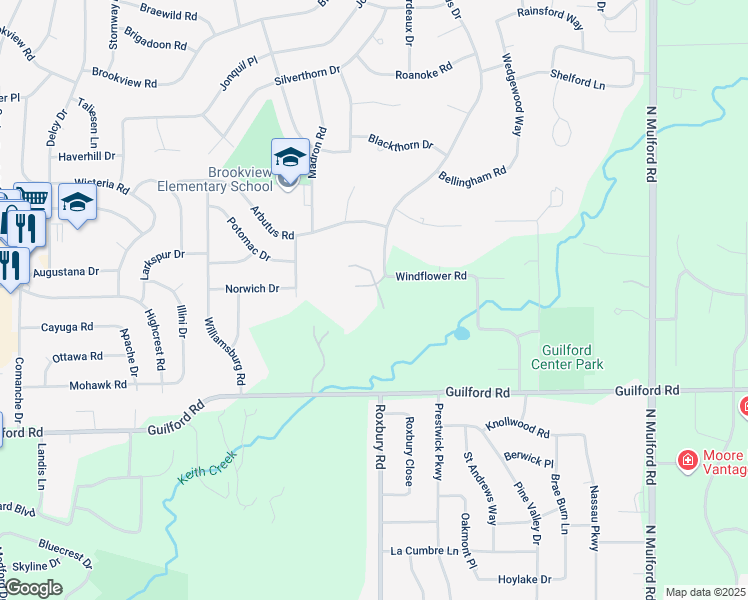 map of restaurants, bars, coffee shops, grocery stores, and more near 5382 Guilford Road in Rockford