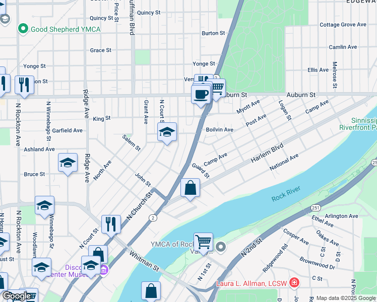 map of restaurants, bars, coffee shops, grocery stores, and more near 1252 North Main Street in Rockford