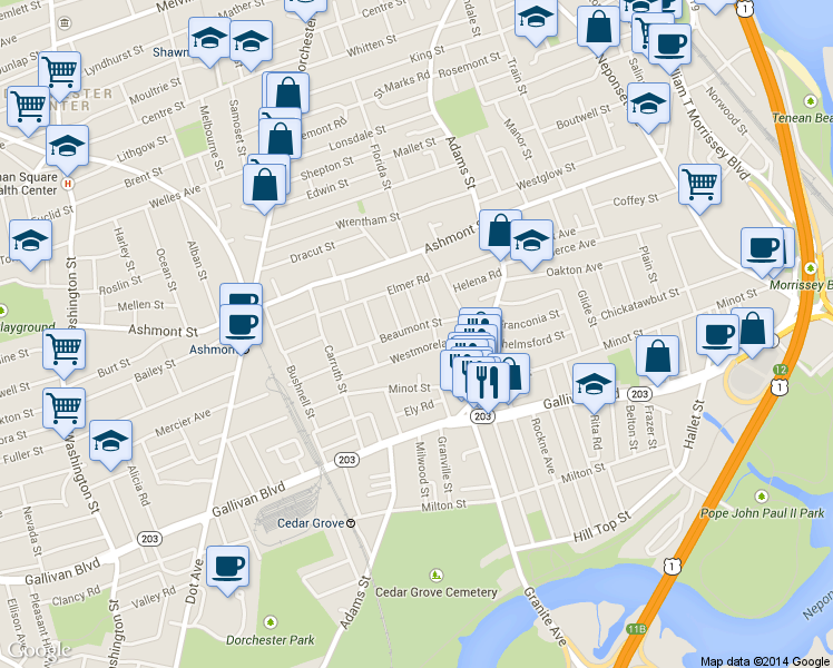 map of restaurants, bars, coffee shops, grocery stores, and more near 61 Beaumont Street in Boston