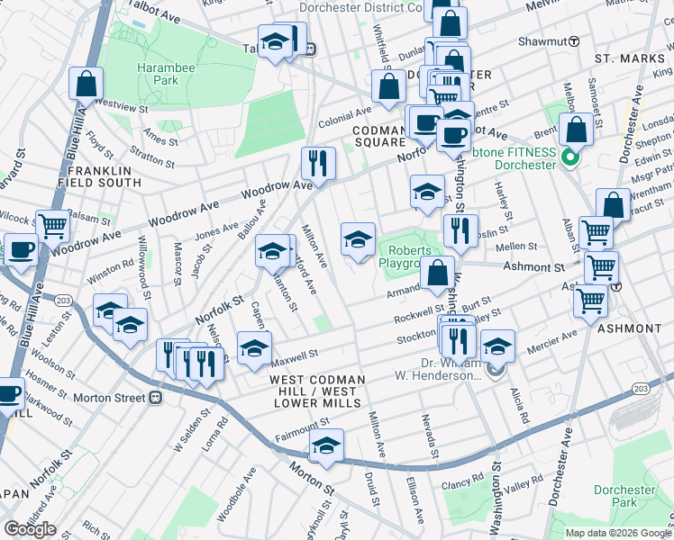 map of restaurants, bars, coffee shops, grocery stores, and more near 49 Milton Avenue in Boston
