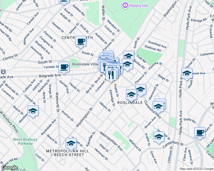 map of restaurants, bars, coffee shops, grocery stores, and more near 4287 Washington Street in Boston