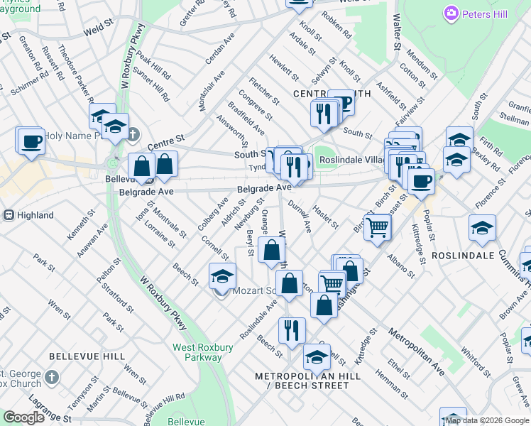 map of restaurants, bars, coffee shops, grocery stores, and more near 40 Newburg Street in Boston