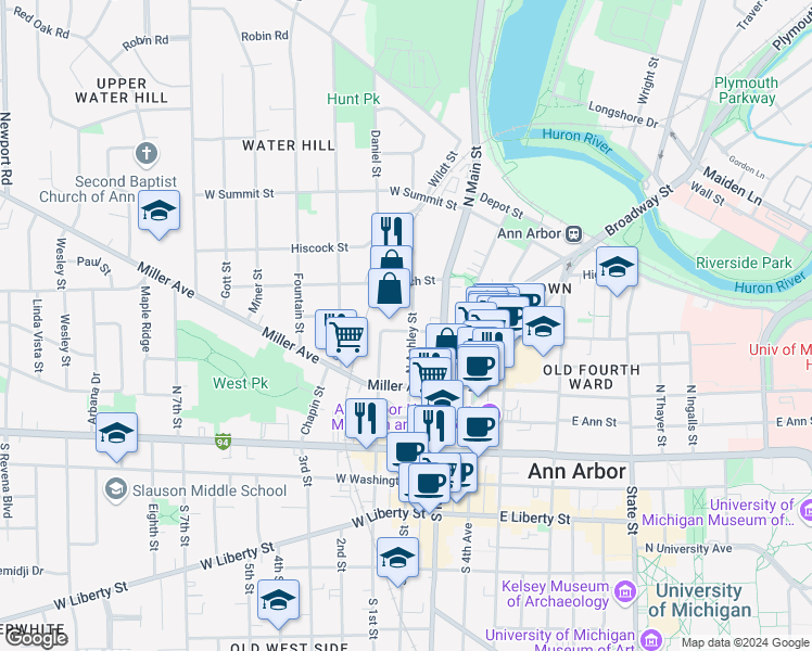 map of restaurants, bars, coffee shops, grocery stores, and more near 122 West Kingsley Street in Ann Arbor