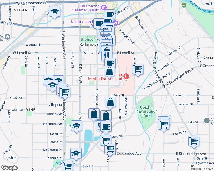 map of restaurants, bars, coffee shops, grocery stores, and more near 130 East Dutton Street in Kalamazoo