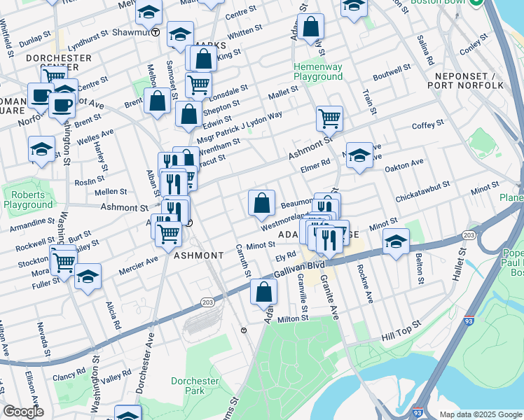 map of restaurants, bars, coffee shops, grocery stores, and more near 40 Beaumont Street in Boston