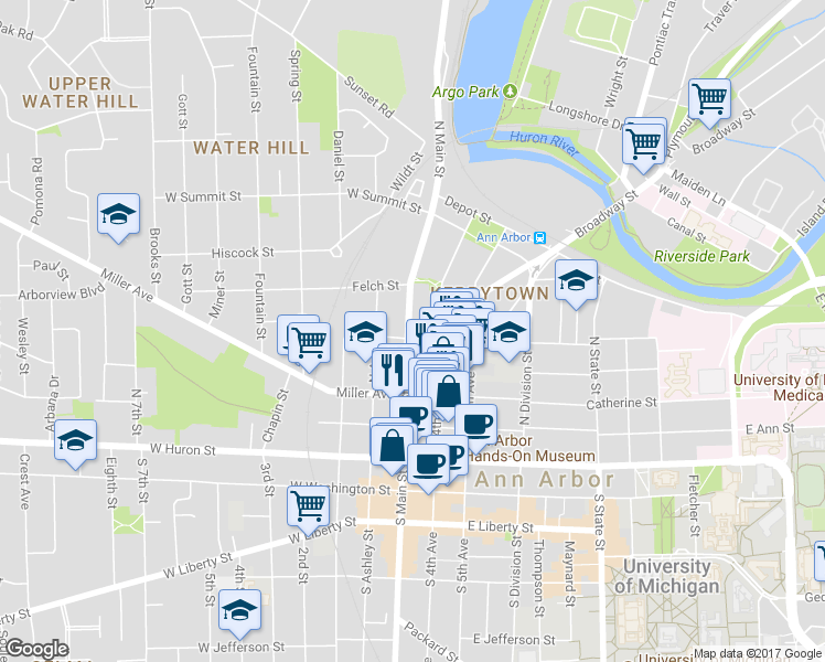 map of restaurants, bars, coffee shops, grocery stores, and more near 500 North Main Street in Ann Arbor