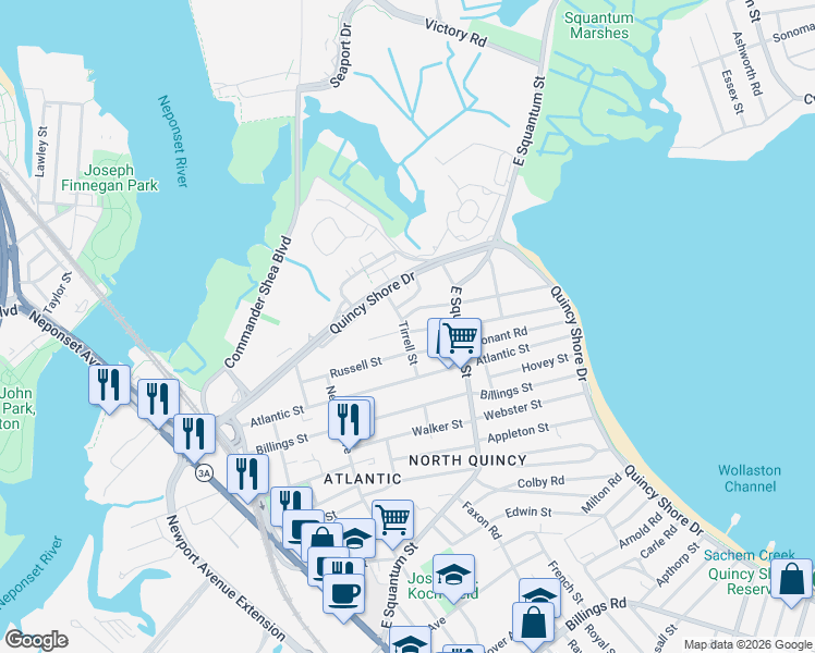 map of restaurants, bars, coffee shops, grocery stores, and more near 12 Windsor Road in Quincy