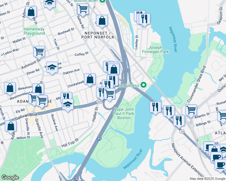 map of restaurants, bars, coffee shops, grocery stores, and more near 770 Gallivan Boulevard in Boston