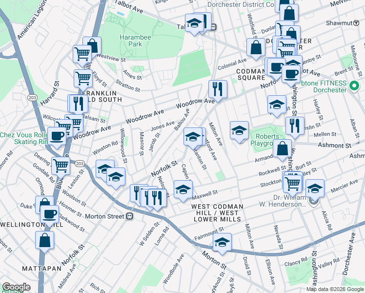 map of restaurants, bars, coffee shops, grocery stores, and more near 231 Norfolk Street in Boston