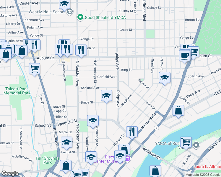 map of restaurants, bars, coffee shops, grocery stores, and more near 628 Ashland Avenue in Rockford