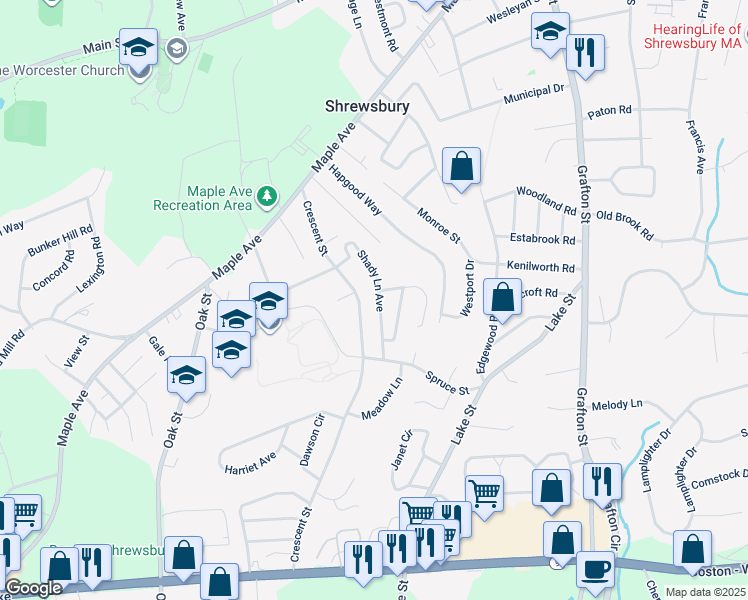 map of restaurants, bars, coffee shops, grocery stores, and more near 27 Shady Lane Avenue in Shrewsbury