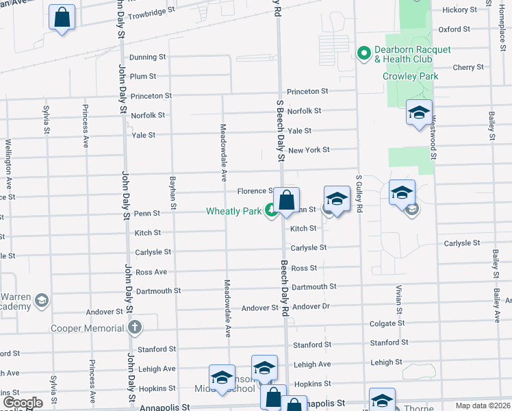 map of restaurants, bars, coffee shops, grocery stores, and more near 25940 Penn Street in Inkster