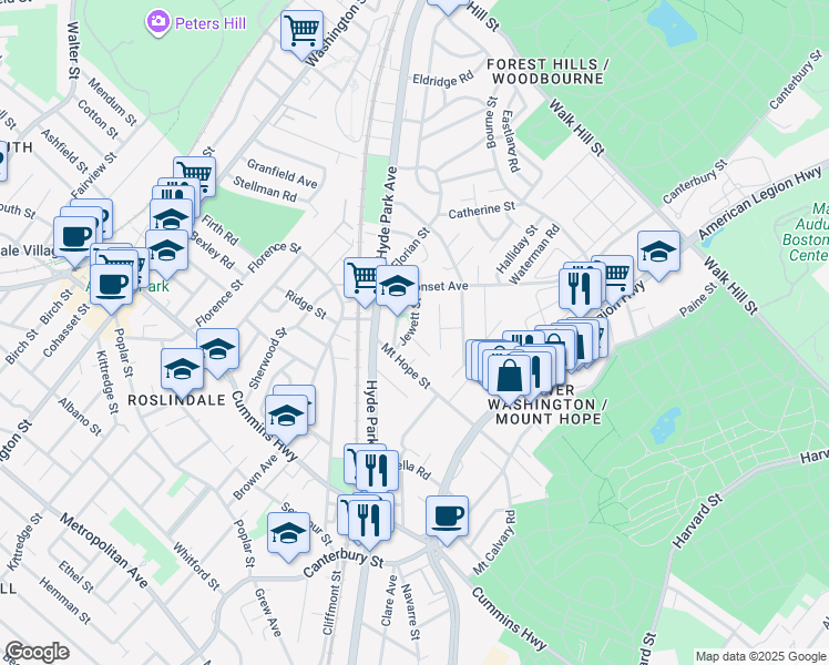 map of restaurants, bars, coffee shops, grocery stores, and more near 32 Jewett Street in Boston