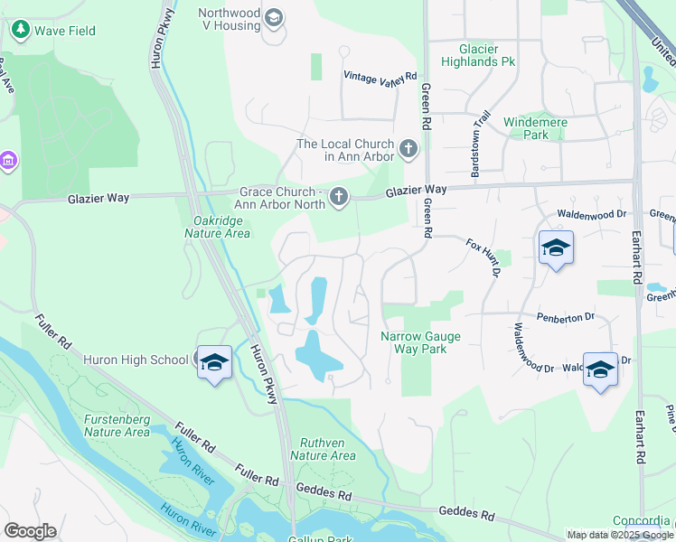 map of restaurants, bars, coffee shops, grocery stores, and more near 789 Watersedge Drive in Ann Arbor