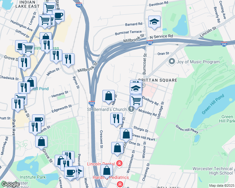 map of restaurants, bars, coffee shops, grocery stores, and more near 17 Gilman Street in Worcester