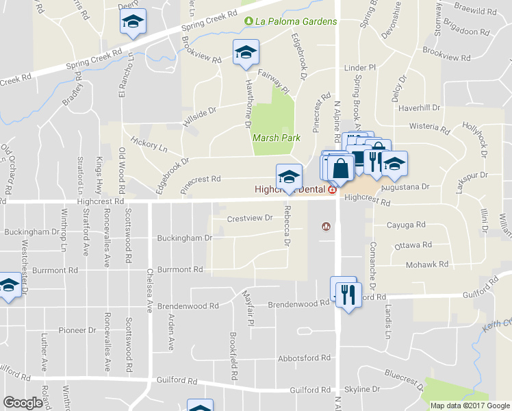 map of restaurants, bars, coffee shops, grocery stores, and more near 4115 Highcrest Road in Rockford