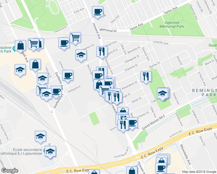 map of restaurants, bars, coffee shops, grocery stores, and more near 527 Stanley Street in Windsor